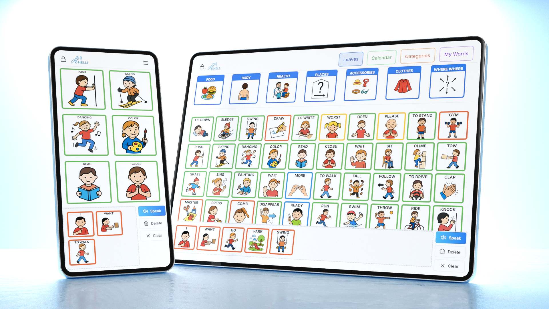 Helli app interface showing AAC communication symbols on smartphone and tablet